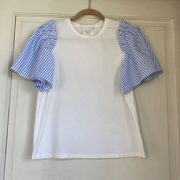 Worn Once Cotton BlendTop With Blue And White Striped Flutter Sleeve Detail - Picture 1 of 5